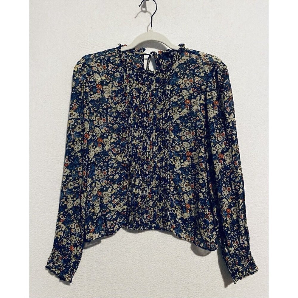 Zara Top Womens Medium Blue Beige Floral Pleated Ruffle Neck Cropped Flowy Boho